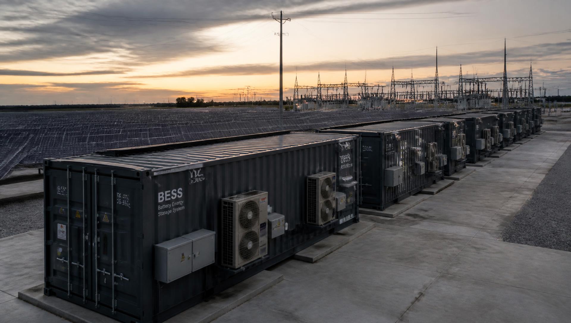 Rząd kontenerowych magazynów energii BESS 20 ft przy farmie fotowoltaicznej i stacji transformatorowej